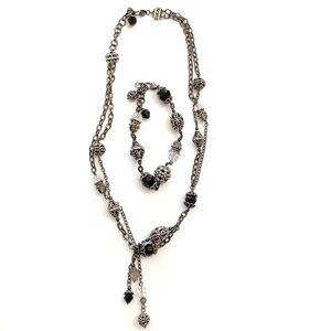 Brighton JET SET Bead &amp; Crystal Black Gun Metal Necklace &amp; Bracelet Set